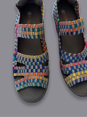 bernie mev. Multicolor Woven Elastic Strap Sandals with Gray Footbed